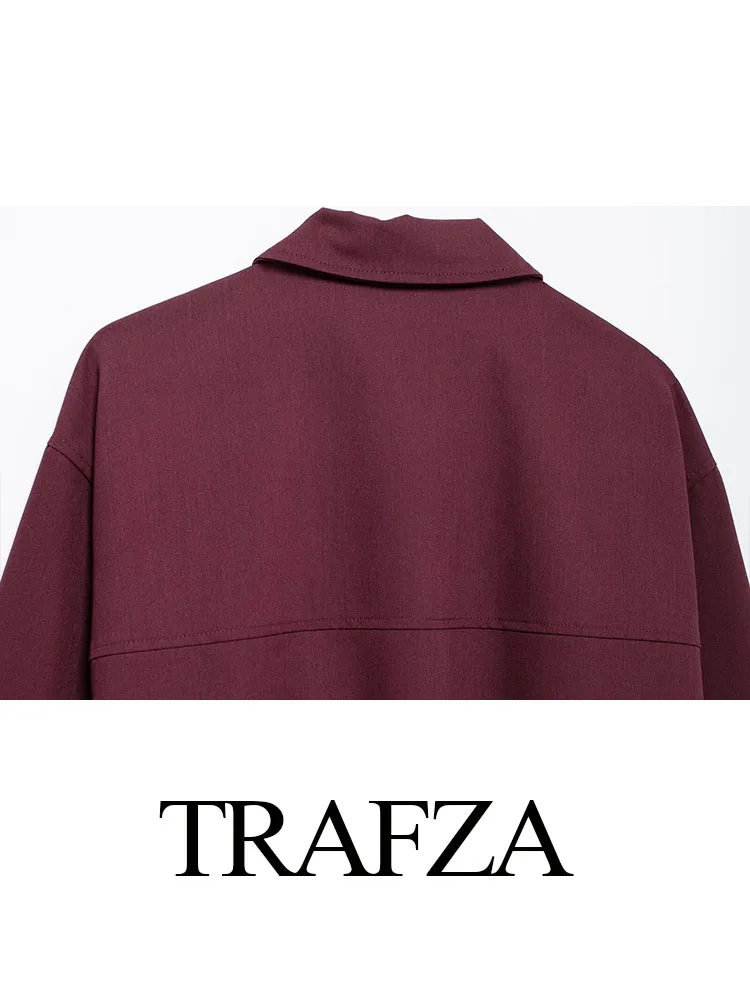 TRAFZA Autumn Coats Women Trendy Wine Red Turn-Down Collar Long Sleeves Pockets Zipper Female Fashion Streetwear Style Jackets