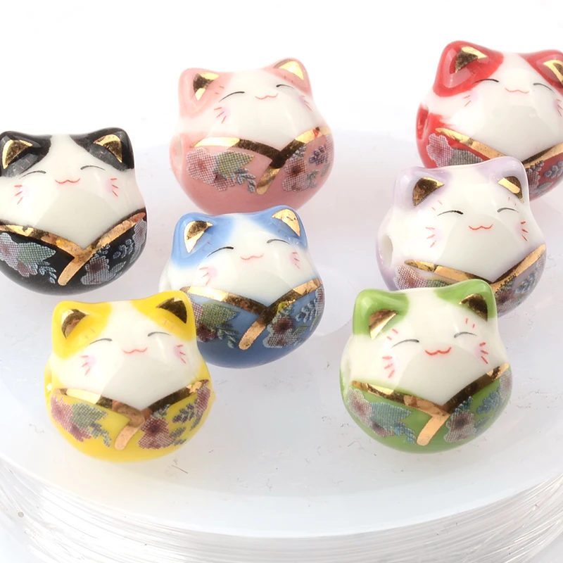 14mm Cute V-neck cat Ceramic Beads Multiple Mixed Colors Loose Beads For Jewelry Making Handmade Diy Porcelain beads Wholesale