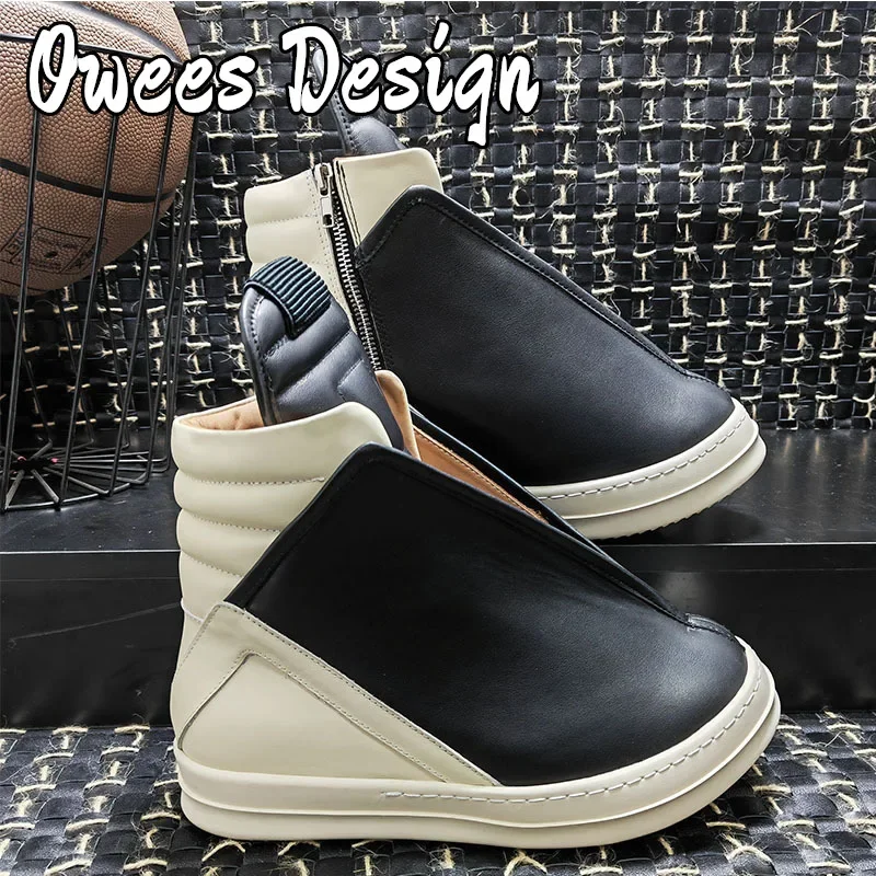 Owees تصميم حذاء رجالي كاجوال عالي الجودة حذاء رياضي أسود حذاء بوت بطول الكاحل Geobasket جلد موضة سميكة وحيد حذاء مسطح بسحاب