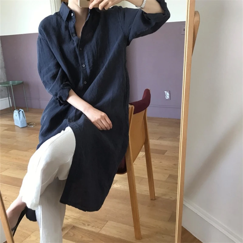 Camicetta lunga da donna bianca autunnale 2024 nuova tinta unita elegante manica lunga coreana monopetto Casual camicie larghe femminili