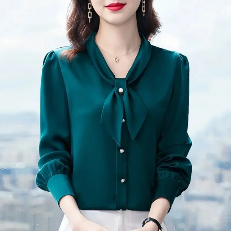 Baju Kantor Wanita Korea Kaus Satin Elegan Pita Musim Semi Musim Panas Blus Solid Kasual Longgar Pullover Lengan Panjang Modis Wanita