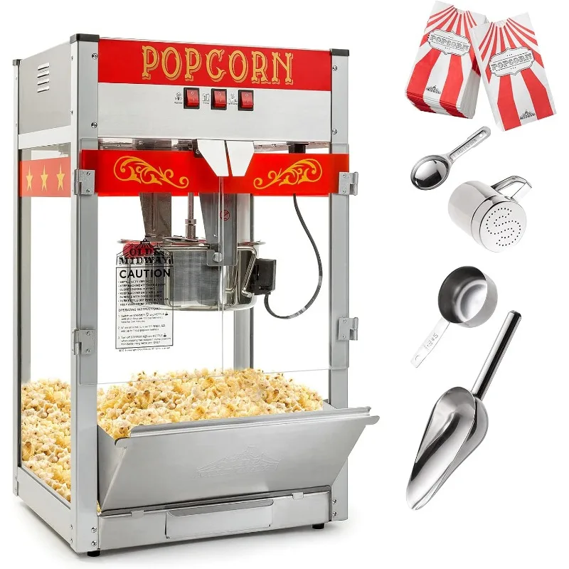 Olde Midway Commercial Popcorn Machine Maker Popper with Large 12-Ounce Kettle - Red