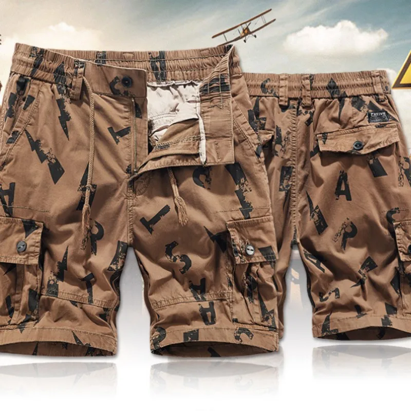

2023 Summer New Men's Casual Printed Cargo Shorts Multi-pocket Knee Length Military Work Short Pants Loose Large Size 29-38