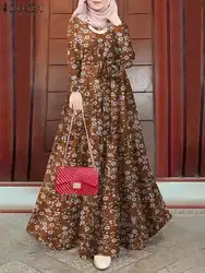 ZANZEA Women Vintage Spring Dubai Turkey Abaya Hijab Sundress Robe Femme Party Vestido Long Sleeve Floral Printed Muslim Dress