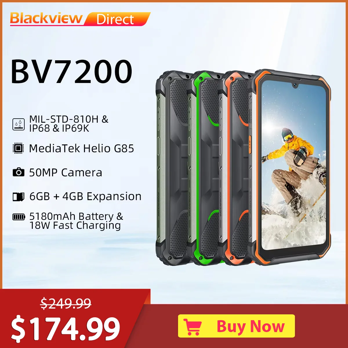 Прочный смартфон Blackview BV7200, мобильный телефон Android 12, водонепроницаемый мобильный телефон IP68, Helio G85, 6 ГБ + 128 ГБ, камера 50 МП, 5180 мАч