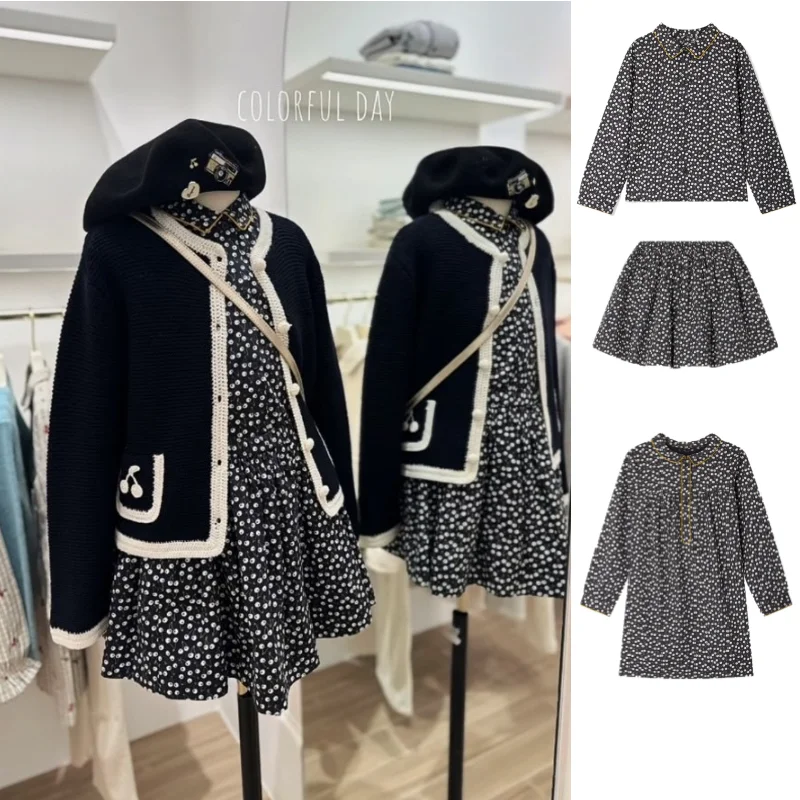 

Girls' Dress 2025 Winter New Arrival Floral Print Fashion Princess Dress 100% Cotton Cute Long Sleeve Cherry Print Shirt Skirt
