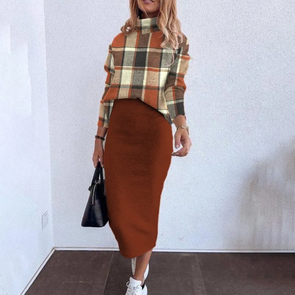 Autumn Winter Retro Plaid Print Skirt Suit Female Casual Long Sleeve High Collar Blouses Hip Wrap Skirt 2 Piece Sets For Women