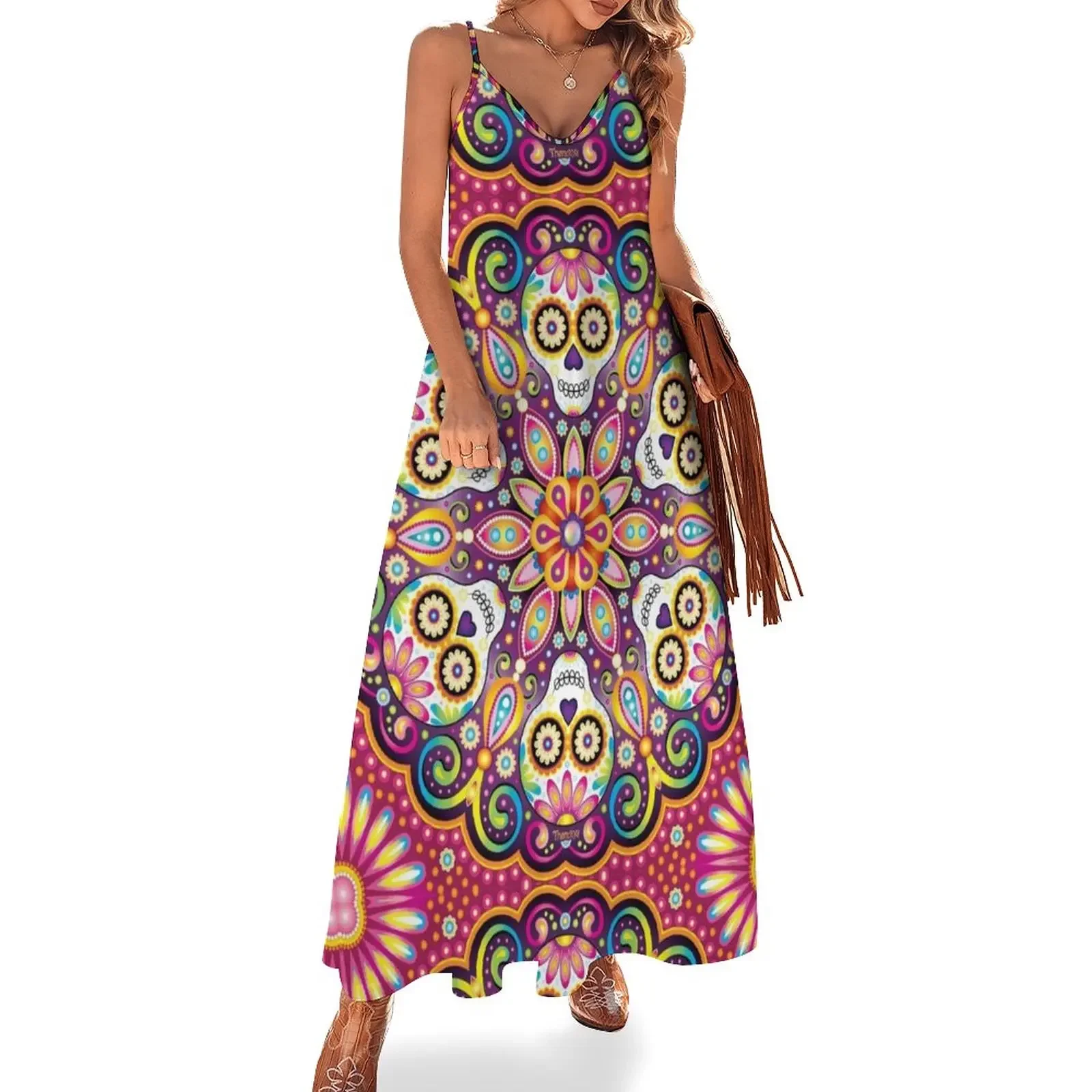 

Sugar Skull Mandala - Day of the Dead Mandala Art by Thaneeya McArdle Sleeveless Dress long dresses for women Dresses gala Dress