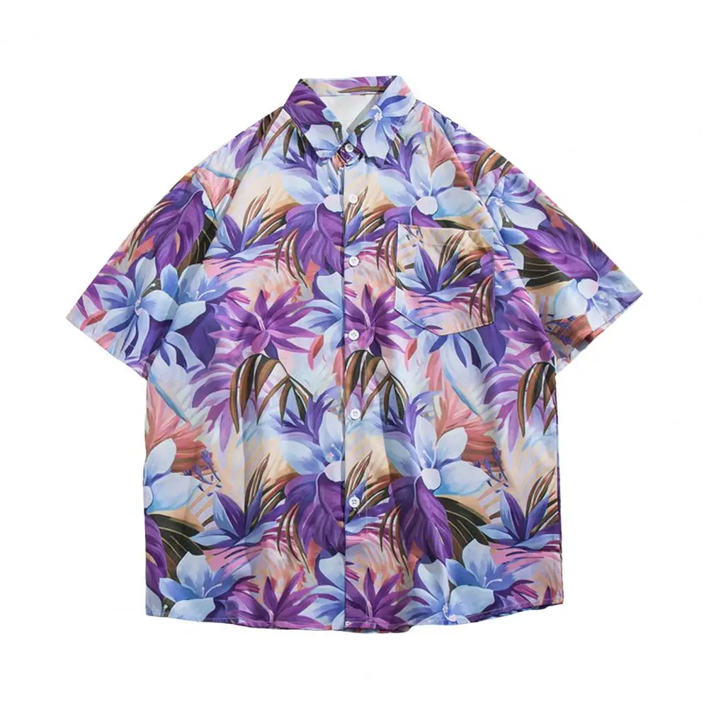 Unisex Shirt Colorful Flower Print Tropical Style Hawaii Loose Single-breasted Turn-down Collar Quick Dry Mid Length Beach Top