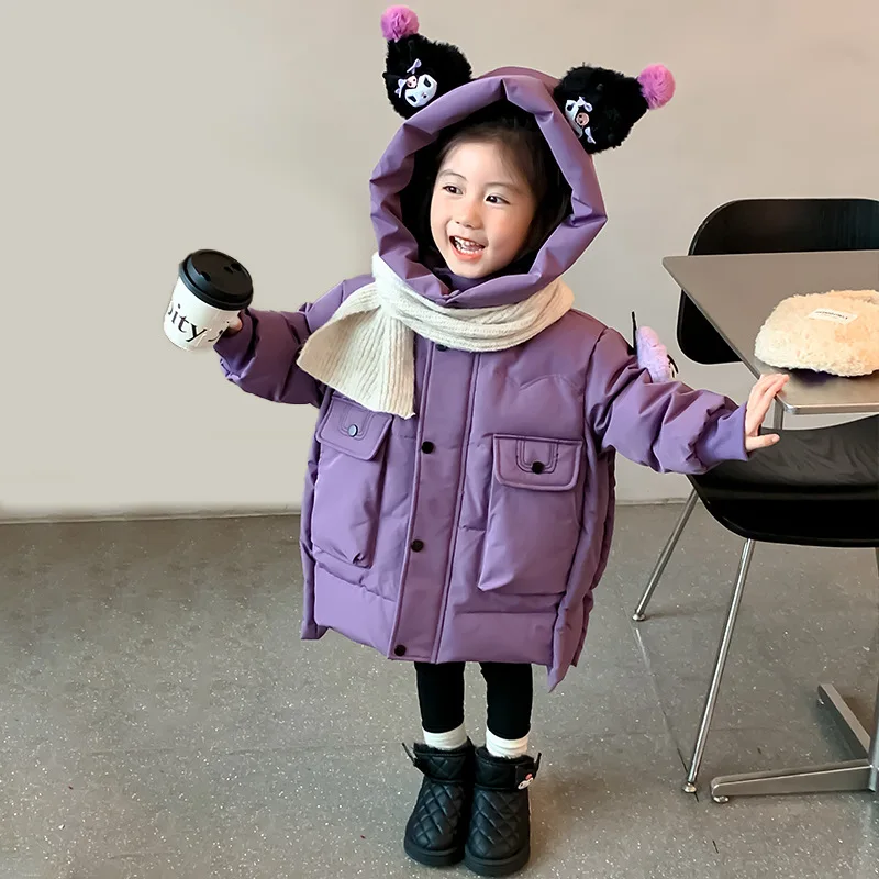 New Sanrios Cotton Clothes Kuromi Child Clothing Leisure Velvet Thicken Winter Medium Length Kawaii Cartoon Wear Outside