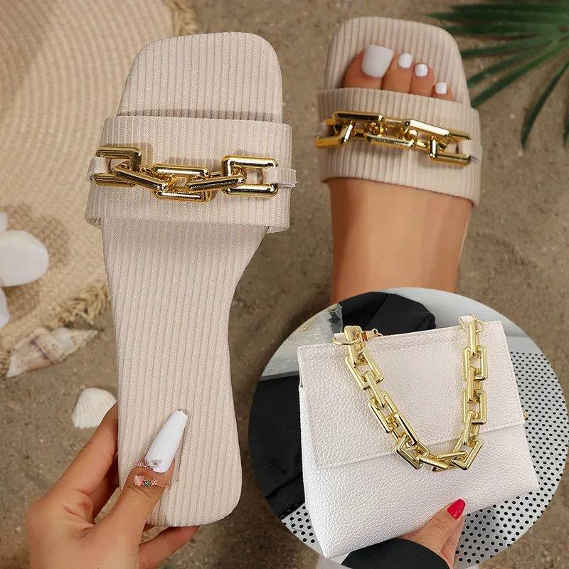 New Chain Flat Slippers For Women In Plus Size Wearing Cloth Sandals Fashionable And Trendy Gold Chain Decoration Crossbody Bag
