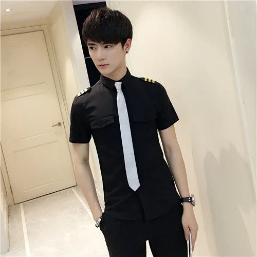 New Arrivals Mens Short Sleeve White Airline Pilot Uniforms Hair Stylist Fashion Slim Fit Black Workwear Big Size Male Clothing