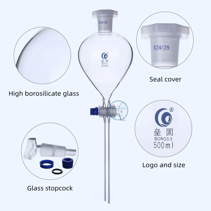 1PCS 60ml To 1000ml Clean Lab Glass Ball-shaped Separating Funnel with Glass/PTFE Piston