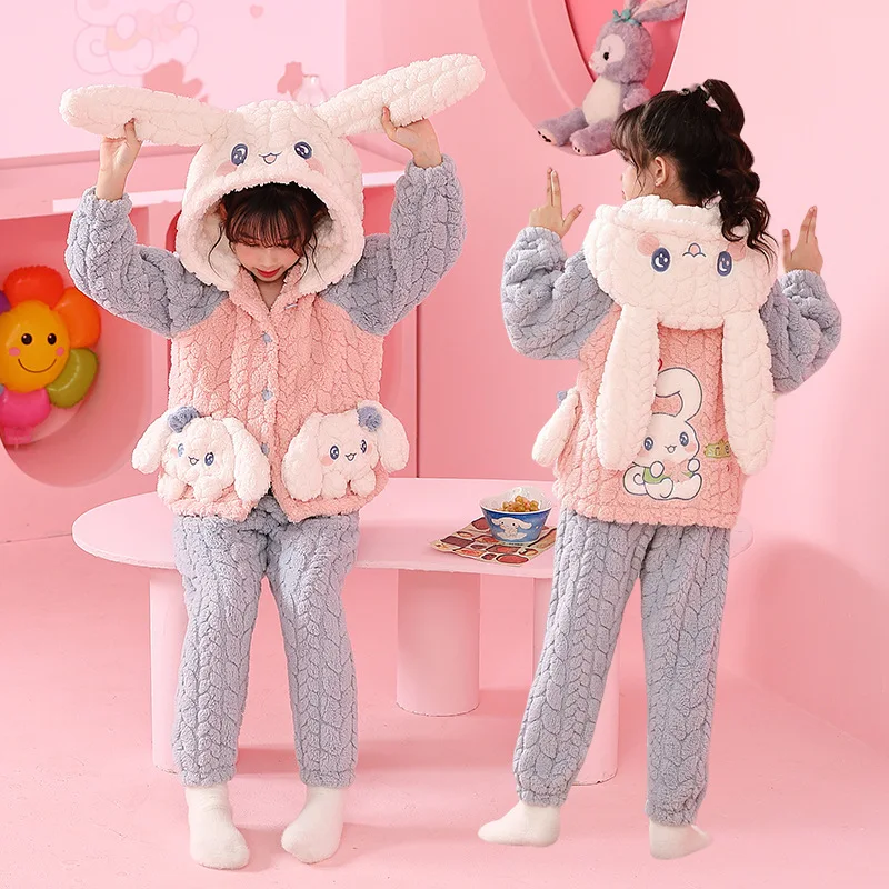 2023 Winter Sanrio Children Flannel Pajamas Set Kawaii Anime Kuromi Cinnamoroll Pochacco Kids Sleepwear Girls Homewear Clothes