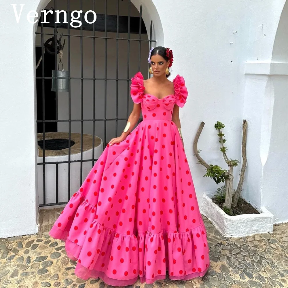 Verngo Printed Pink Prom Gown Sweetheart A Line Evening Dress Women Puff Short Sleeves Party Dress Long  Prom Dress Customized