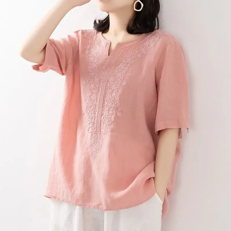Women's Clothing Cotton Linen Shirt Summer New V-Neck Loose Fit Embroidered Short Sleeve Boho Chic Casual Trendy Top