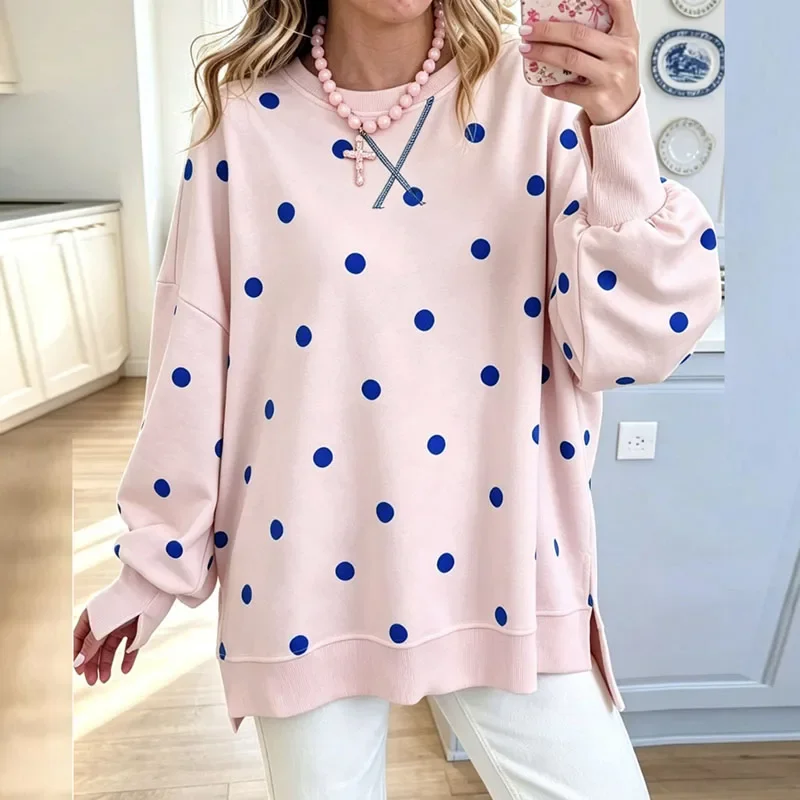 Women Polka Dot Print Sweatshirts O Neck Long Sleeve Loose Side Split Hem Blouse Casual Vacation Office Pullover Fall Daily Tops