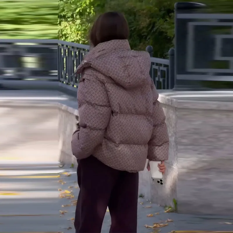 Bedruckte Damen-Pufferjacke mit Kapuze, Reißverschluss vorne, Langarmjacke, Oversize-Freizeitmantel, 2026, warme, modische Streetwear-Oberbekleidung – Detail 5