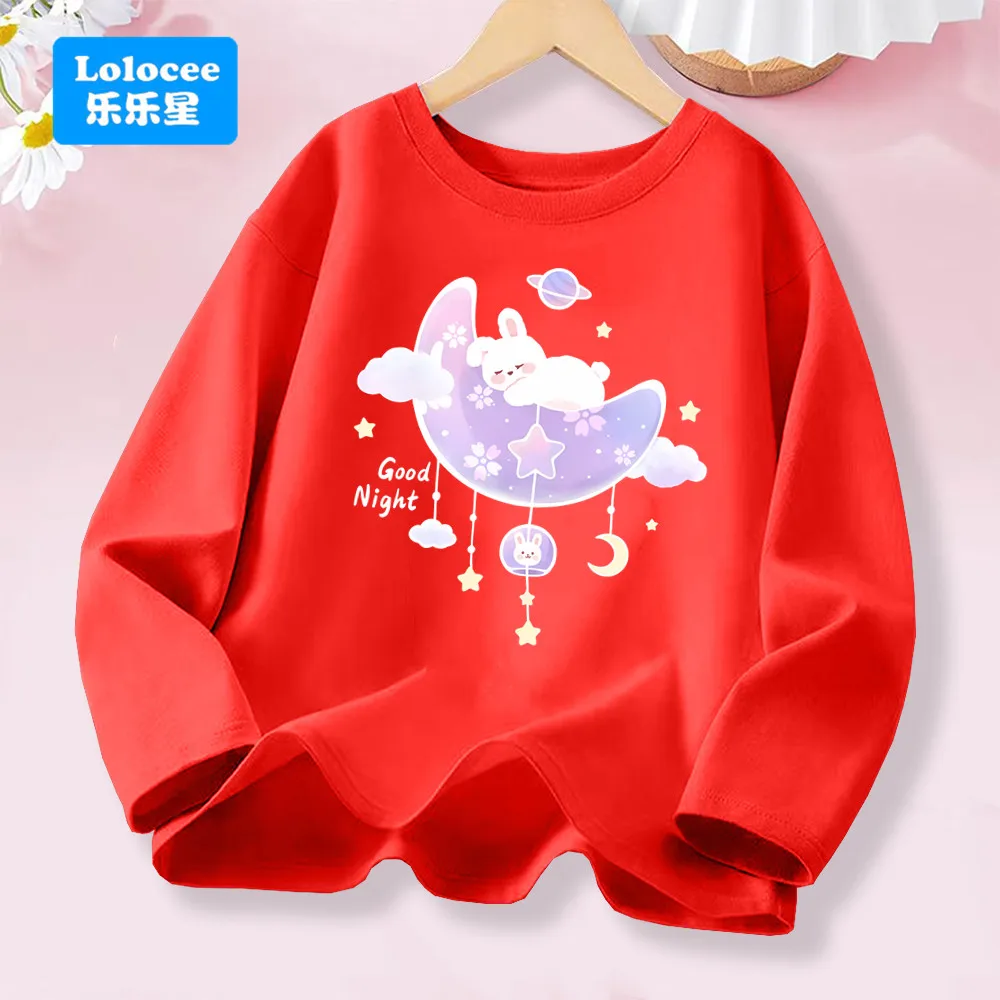 2026 Frühjahr Neues Design Kinder Langarm T-Shirt -Mond Kaninchen „Gute Nacht“ Druck Mädchen Weiche Baumwolle Top Alltagskleidung