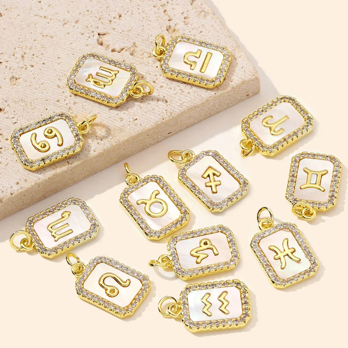 3pcs/Lot Wholesale Copper Zircon Zodiac Sign DIY Charms Sagittarius Aries Shell Necklace Pendants Woman Aquarius Gemini Jewelry