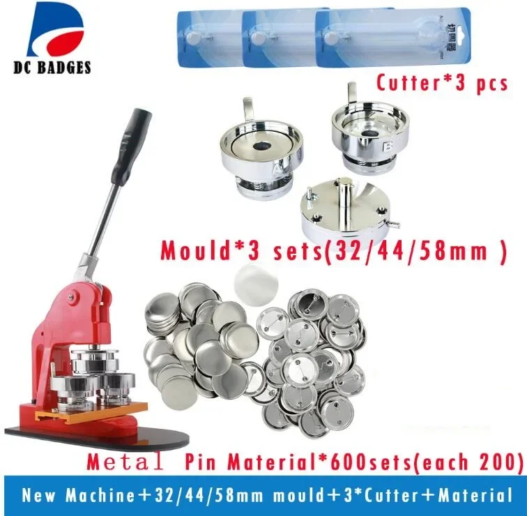 New Mix-and-matc DIY Button Machine with 32/44/58mm round mould, each size 200pcs material, 3 pcs cutter