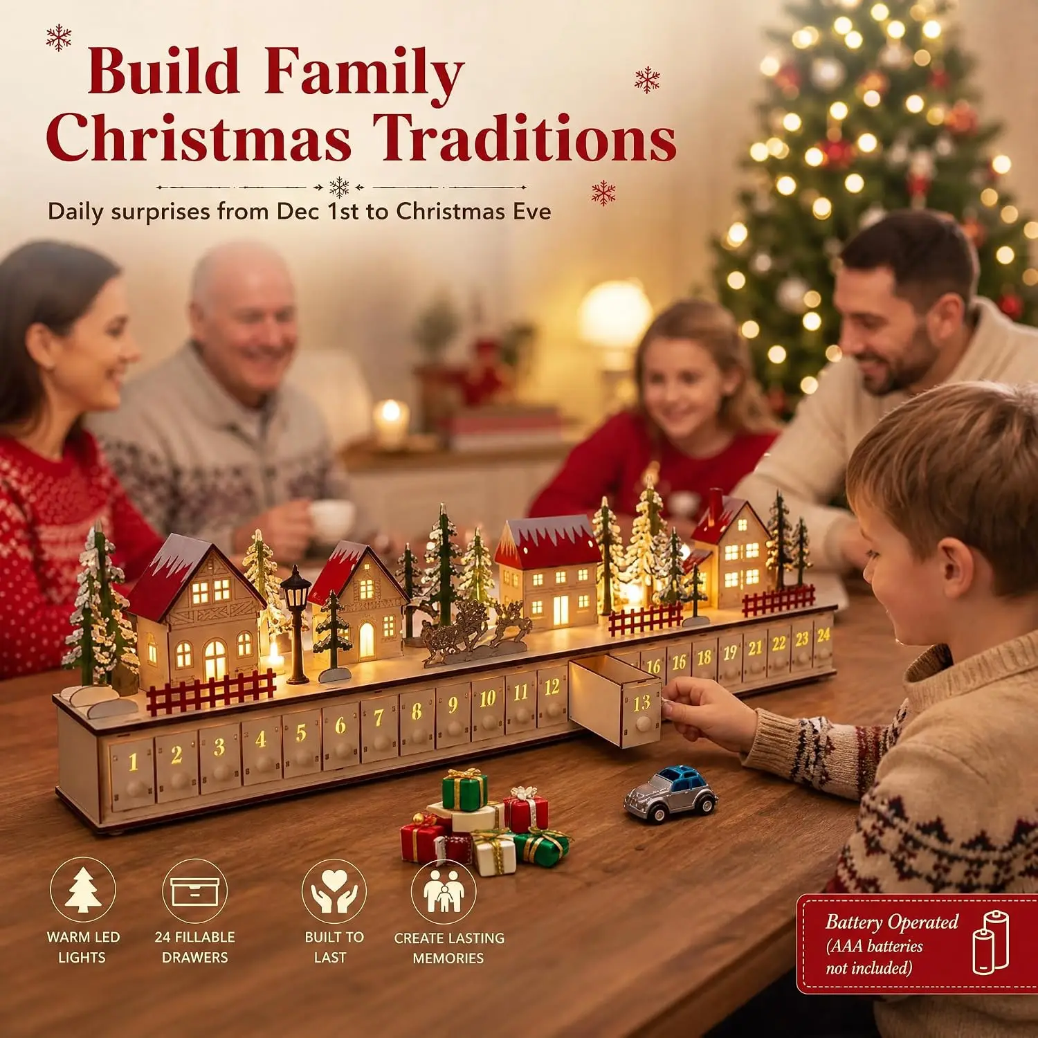 Wooden Christmas Advent Calendar 24 Days Solid Wood Tabletop Village with Built-In LED Lights Reusable for Home Mantelpiece