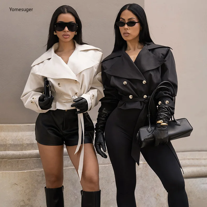 

Yomesugar женская двубортная офисная куртка модный воротник с лацканами и поясом с длинными рукавами укороченное пальто верхняя одежда Y2k уличная одежда