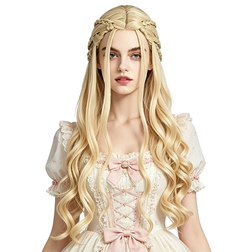 Daenerys Targaryen Cosplay Wig Light Blonde Braided Long Wavy Synthetic Wig For Women Pre-Styled Halloween Costume Theme Party
