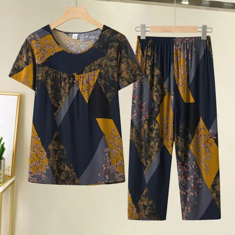 2 Pcs/Set Trendy Two Piece Suit Mid-aged T-shirt Pants Set O Neck Colorful Flower Print Mid-aged Night Clothes Sleeping