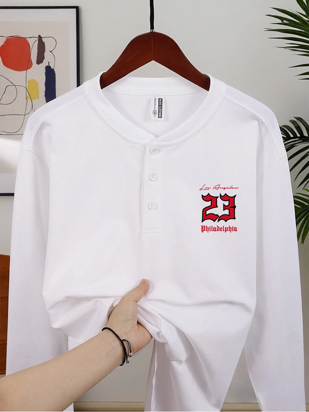 لوس أنجلوس 23 فيلادلفيا يطبع القطن هينلي قميص الرجال الشتاء طويلة الأكمام تي شيرت دافئ فضفاض الملابس الداخلية الأساسية الذكور #1