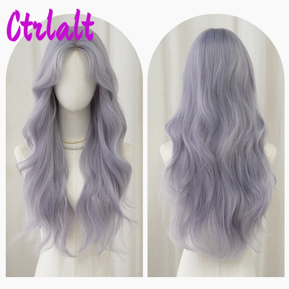 Long Gray Purple Wavy Synthetic Wig with Bangs Halloween Wigs for Girls Cosplay Party Lolita Heat Resistant Fiber