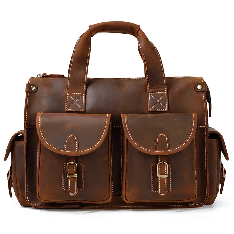 Retro men's handbag, genuine leather, business briefcase, mad horse leather, computer bag, commute to work
