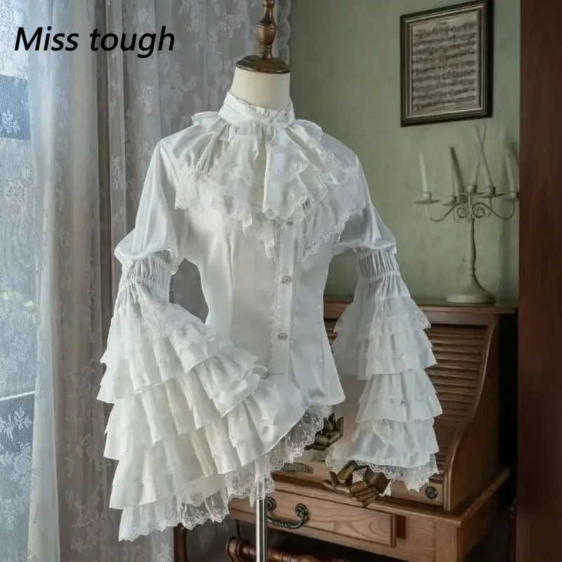 الشتاء اليابانية لوليتا نمط الصلبة النساء البلوزات نفخة الأكمام أنيقة الدانتيل قمصان Y2k الجمالية الحلو القوس JK الشيفون تصميم القمم #1