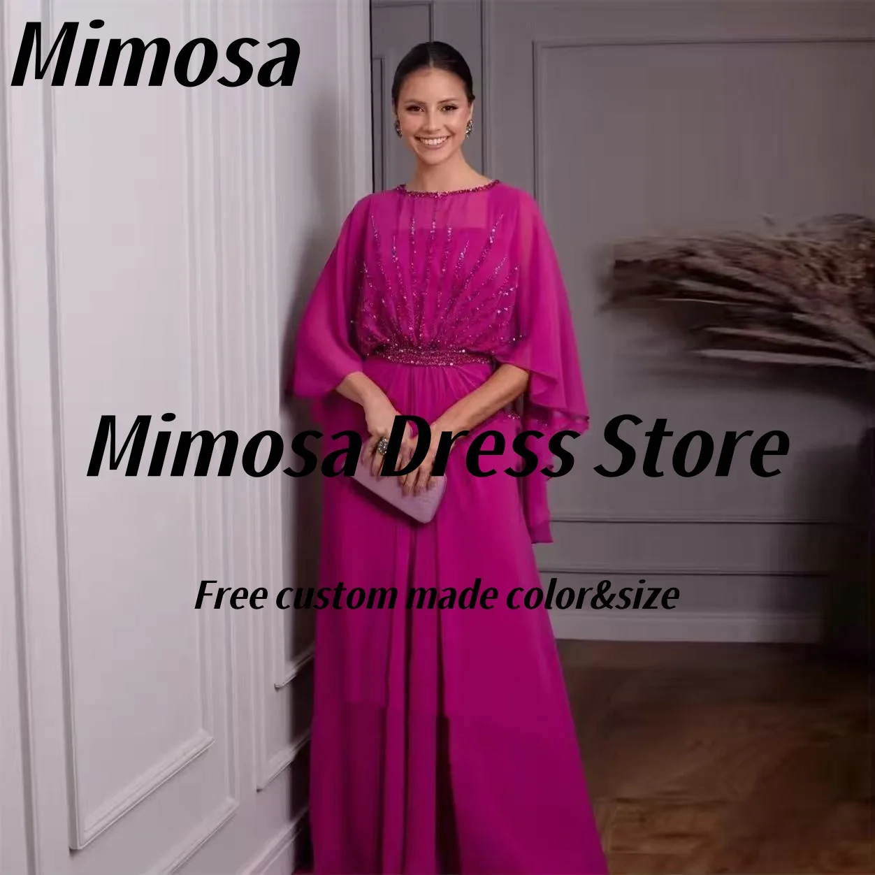 

Mimosa Fushcia Шифоновые платья для выпускного вечера Шали с бисером Вечерние платья Длинные рюши для матери невесты для свадебной вечеринки по индивидуальному заказу