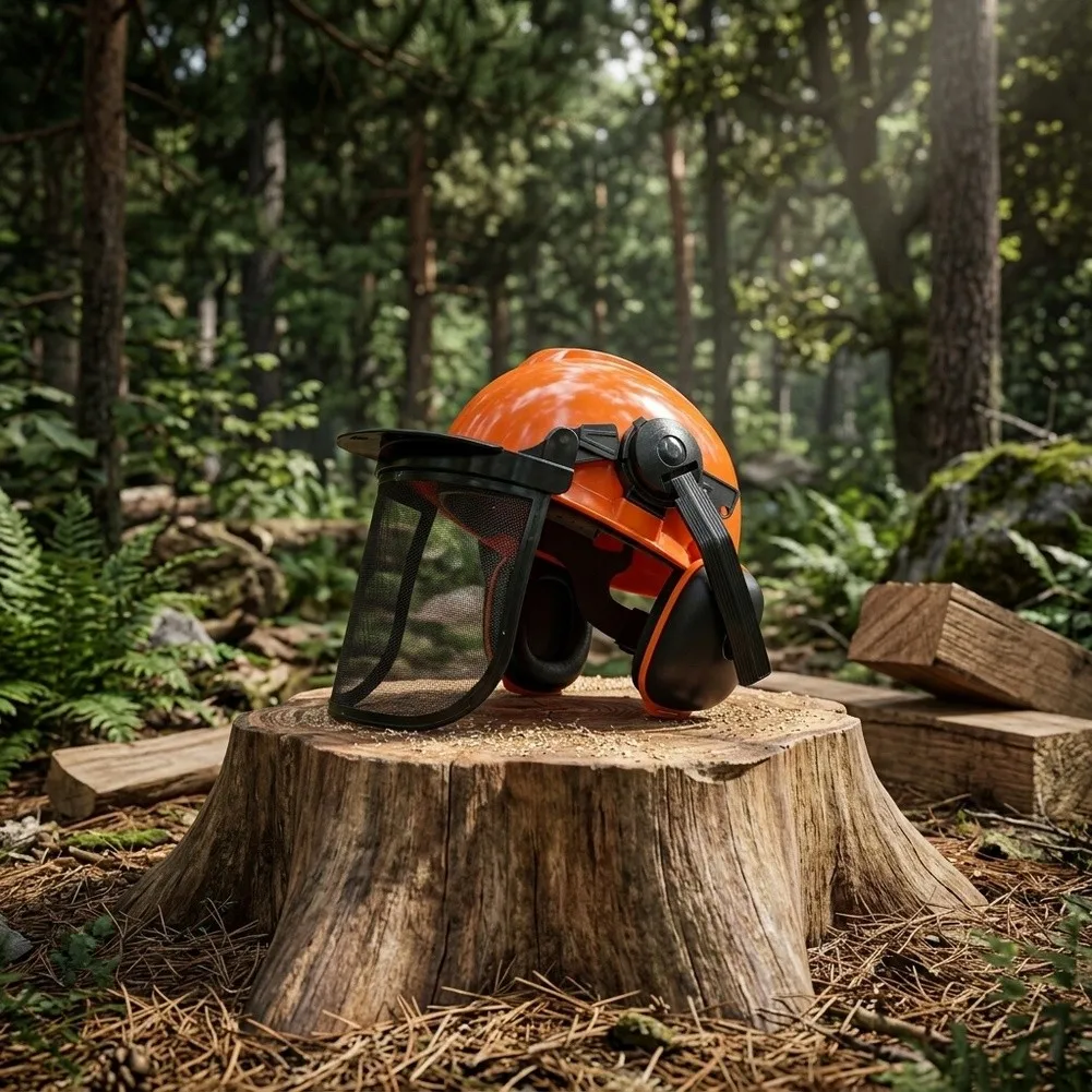 Forestry Operations Helmet with Earmuffs Adjustable Mesh Visor and Enhanced Side Visibility for Low-Light Environments