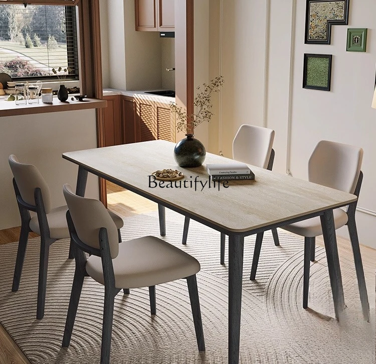 Imported travertine rock slab dining table pure black solid wood medieval wabi-sabi wind full tray dining table