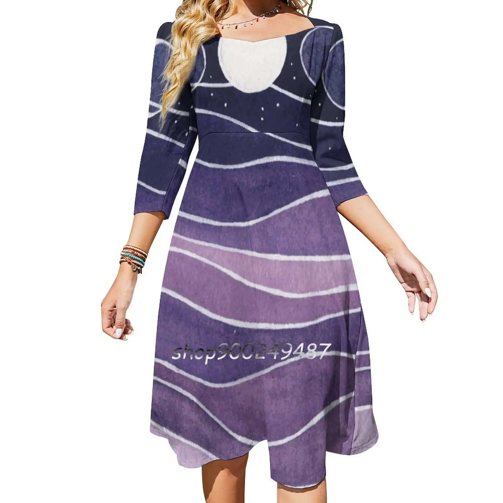 Purple Mountains And Moon Square Neck Dress Cute Loose Print Dresses Elegant Beach Party Dress Moon Luna Purple Watercolor