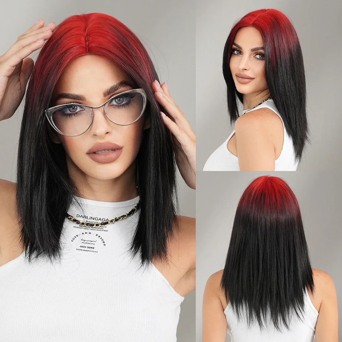 NAMM Synthetic Shoulder Length Middle Part Red Ombre Black Wigs Wigs for Women Daily Party High Density Red Root Wigs