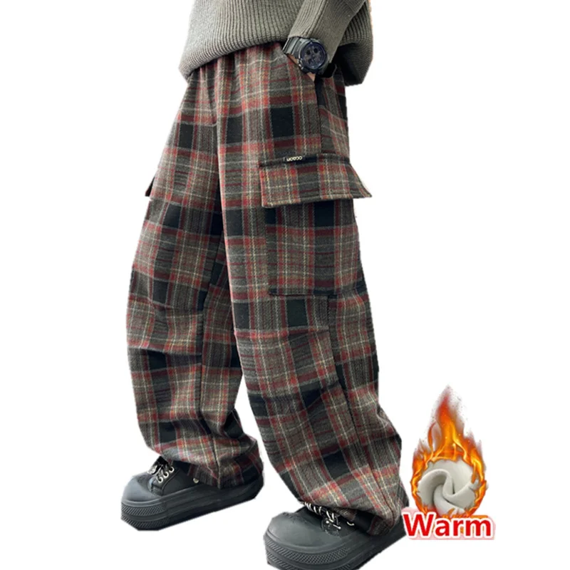 Child Winter Plaid Cargo Thermal Pants With Pocket for Teenage Boy Loose Casual Insulated Trousers Kids Fleece-Lined Sweatpants