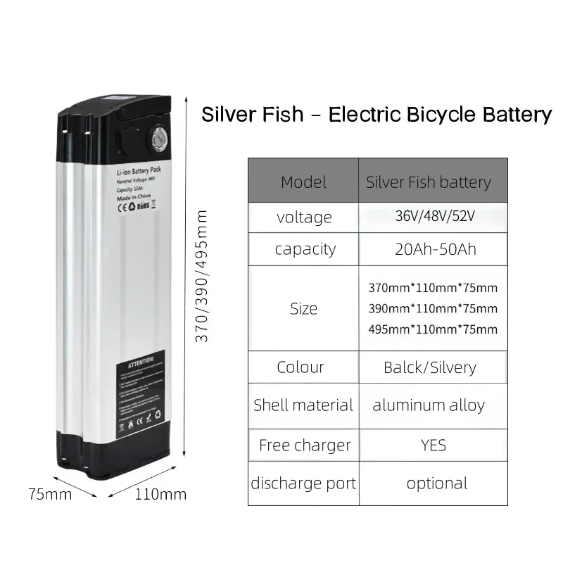 36V/48V/52V 20Ah-50Ah Silver Fish Lithium Ebike Bateria Akku 500W  50Ah Li ion Electric Bike Bicycle 48V 18650 Battery Pack