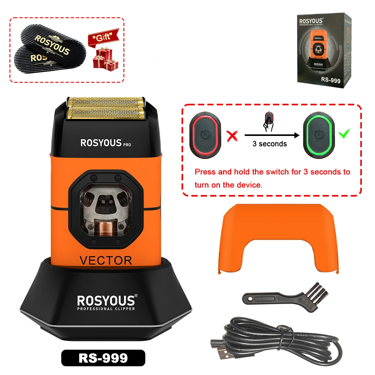 ROSYOUS RS-999 Elektrischer Herrenrasierer 13000RPM Magnetischer Vektormotor Vollmetall mit Ladestation 2000mAh Friseursalon Barttrimmer