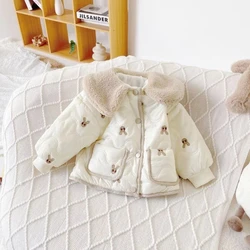 Baby Girl Cotton Padded Jacket Winter Coat Cartoon Embroidery Warm Plush Lapel Infant Toddler Child Baby Thicken Clothes 12M-7Y