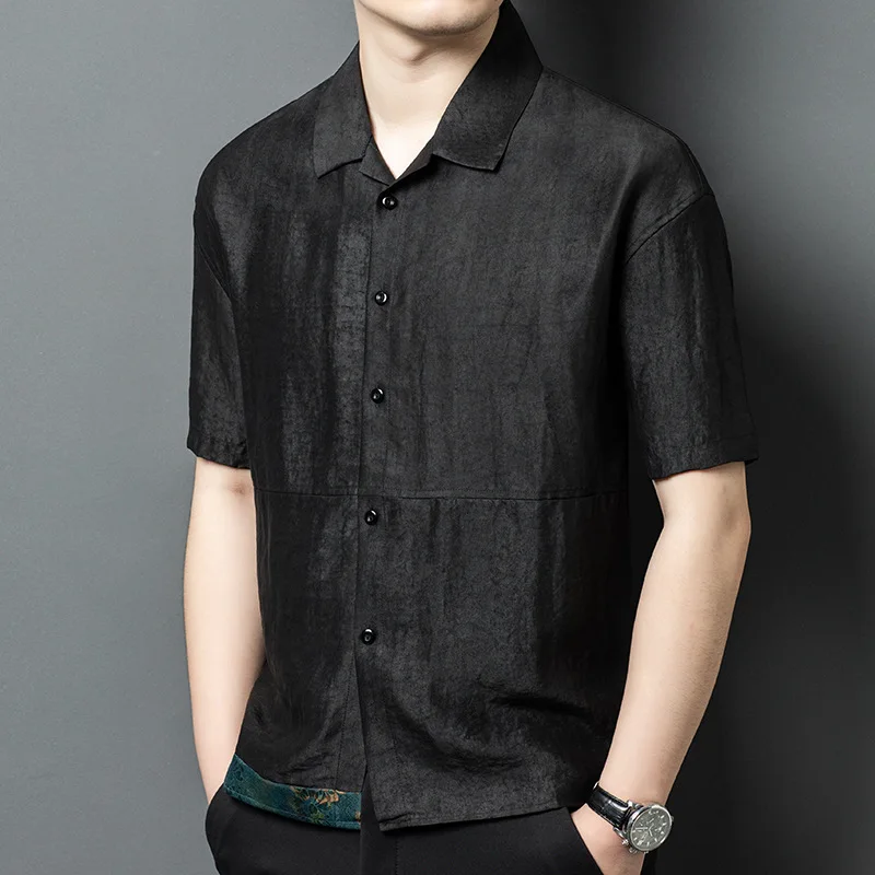 

High Quality Real Silk Crack Short-Sleeved Shirt Men's Summer New Chinese Style Dad Fashion