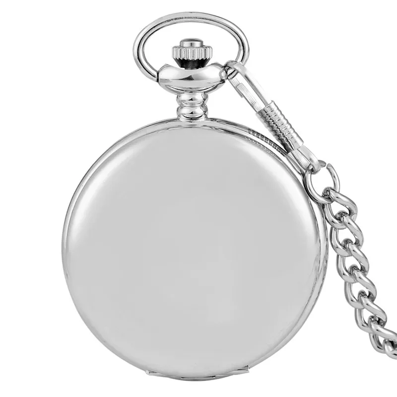 Silver Smooth Case Pocket Watch Arabic Number Display Quartz Movement Watches with Pendant Fob Chain Full Hunter Timepiece