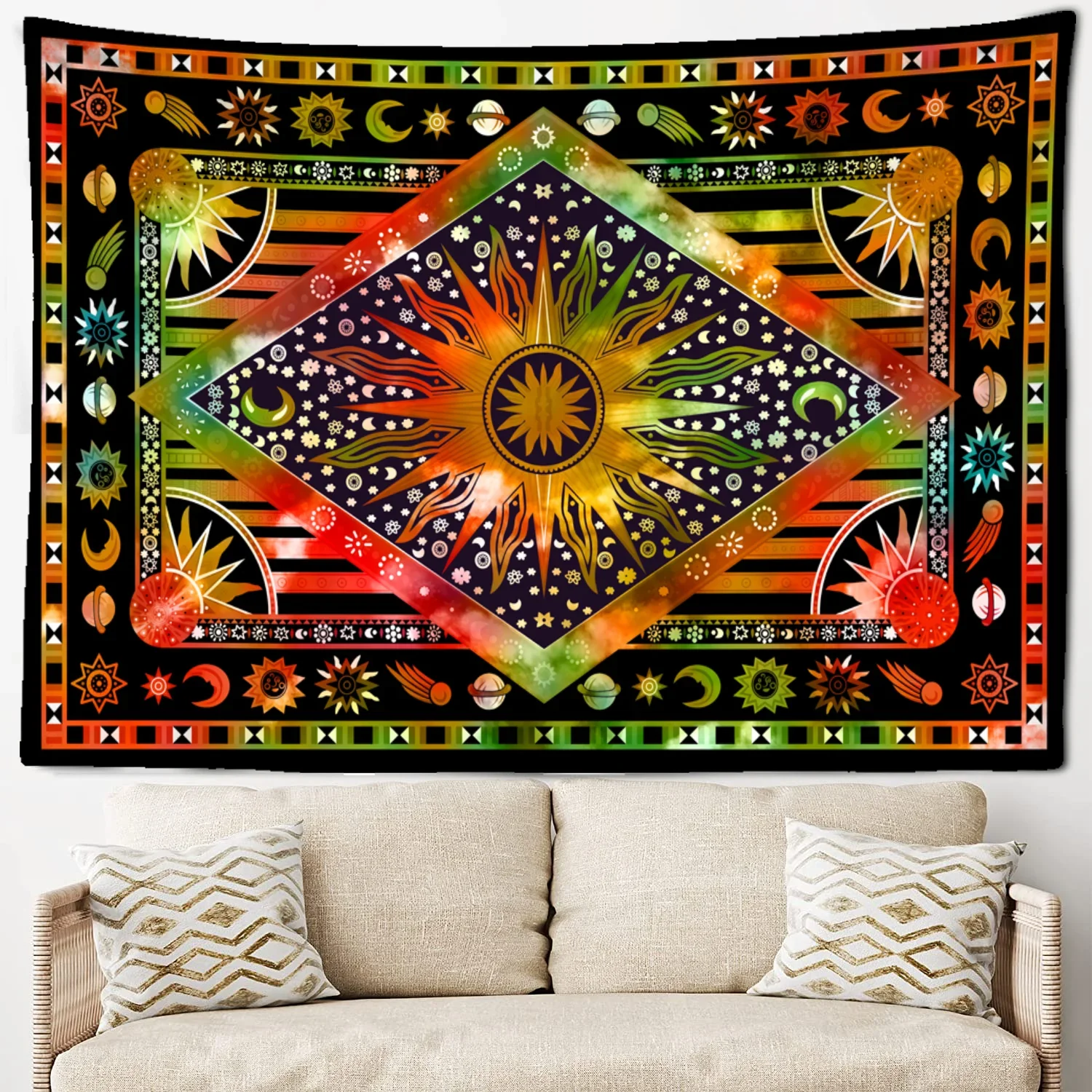 Burning Sun Tie-dyed Tapestry Celestial Body Sun Moon Star Planet Bohemian Tapestry Tarot Wall Hanging Hippie Room Wall Decor