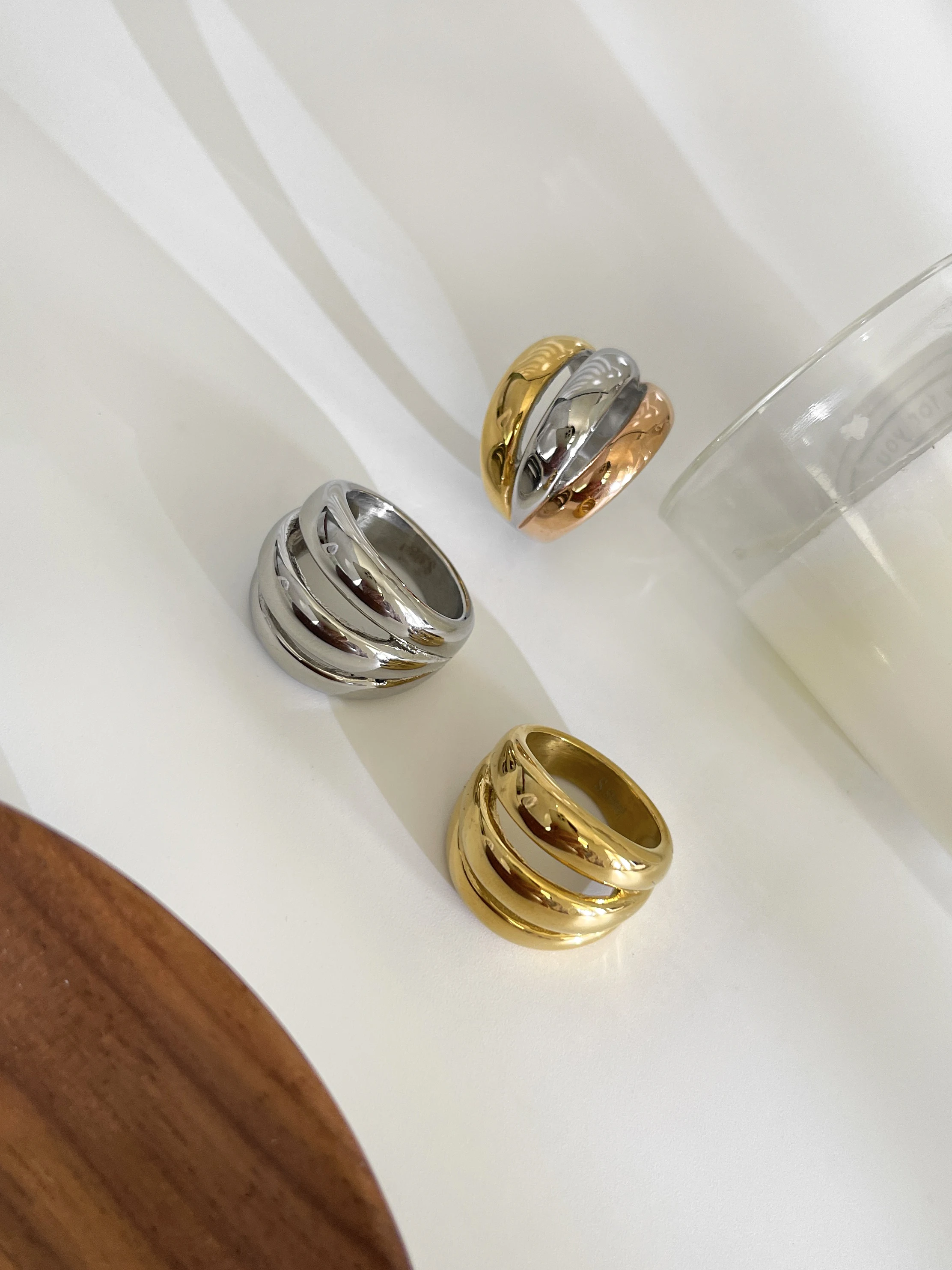 GHIDBK Stainless Steel 18K Gold Silver Plated 3 Splicing Color Chunky Dome Ring Multi-Layer Hollow Rings for Women Men Unisex