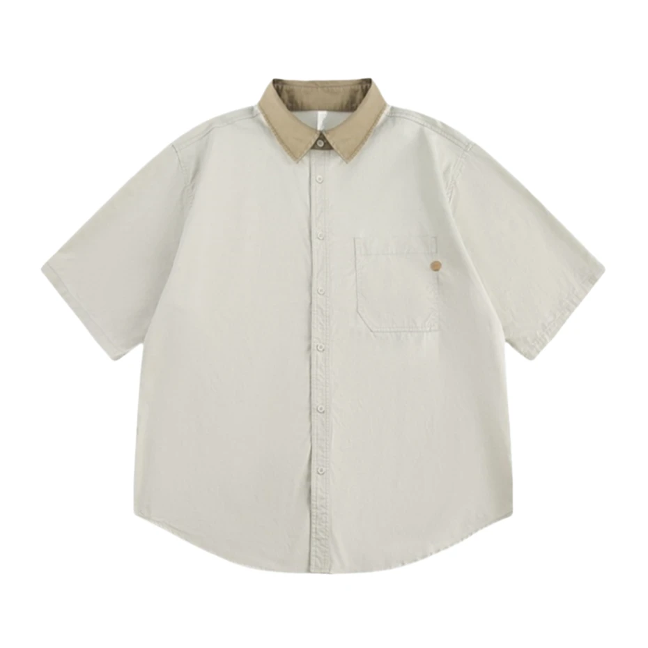 Vintage Khaki Cargo Shirts Men Streetwear Harajuku Color Block Short Sleeve Shirt for Men Oversized Summer Casual Blouse Male