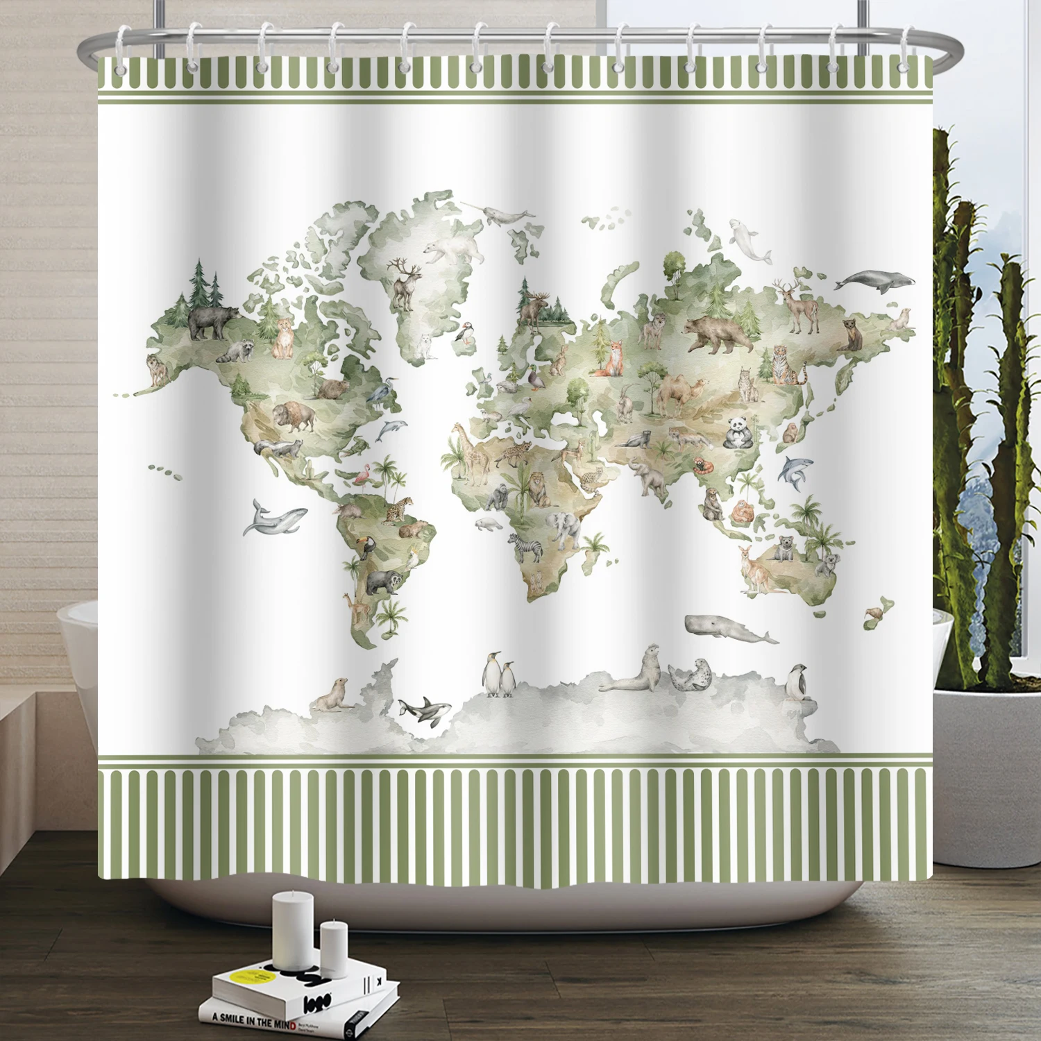 Vintage Nostalgia Shower Curtain 3D Print World Map Wildlife Farm Bathroom Waterproof Decorative Partition Poetry Plum Curtain