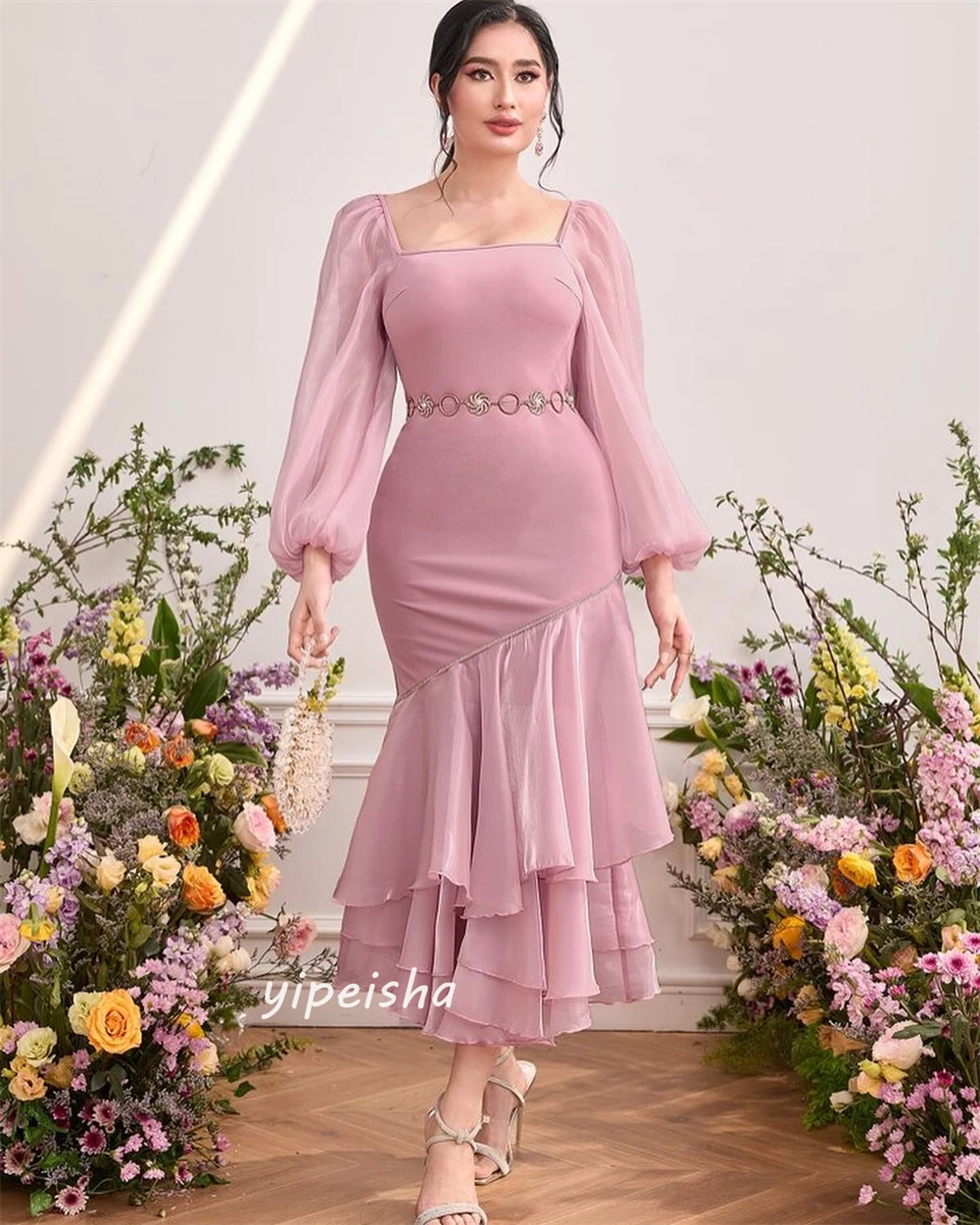 Jiayigong  Satin Tiered Pleat Birthday Mermaid Square Collar Bespoke Occasion  Ankle-Length