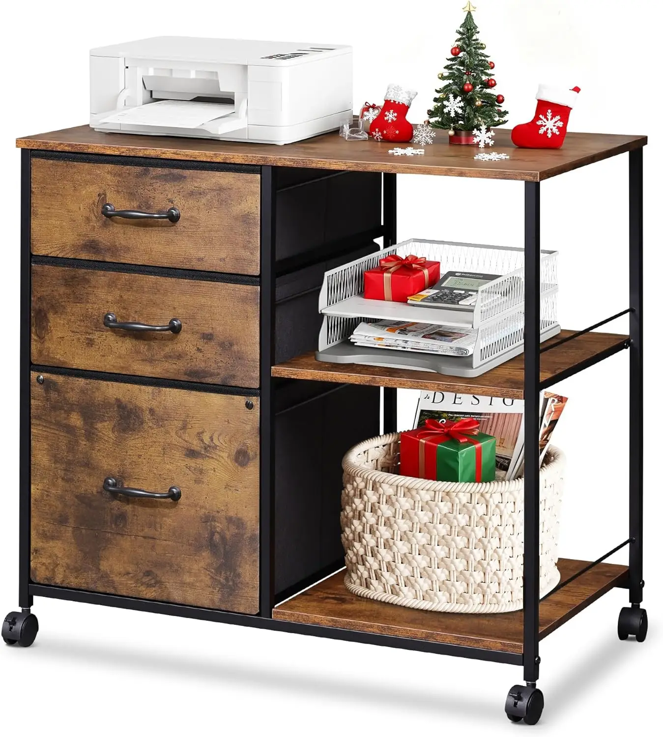 

3-Drawer Mobile File Cabinet with Rolling Printer Stand, Open Shelf for Home Office, Rustic Brown Wood Grain Finish